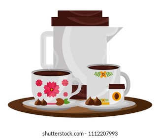 coffee maker and cups with chips chocolate
