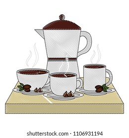 coffee maker and cups on dish beans and chips