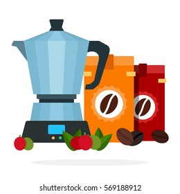 Coffee maker and Coffee of different roasting in packages vector flat material design isolated on white