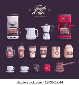 Coffee maker equipmen tool set, coffee machine, cup, glass, pot, ibrik, moka pot, bag paper, coffee design watercolor style, cafe, coffee shop
