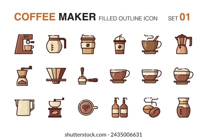 Cafetera. Conjunto de iconos de esquema relleno 1