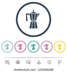 Coffee maker flat color icons in round outlines. 6 bonus icons included.