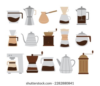 Coffee maker flat design collection. Coffee maker vector illustration. Filter pot, grinder, appliances, coffee machine, french press, espresso machine, aero press coffee.