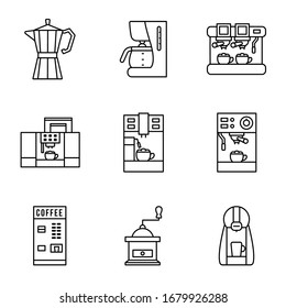 Coffee maker flat line icon set. Different types of coffee machines. Capsule, espresso, cappuccino latte and grinder. Concept for web banners and printed materials. Editable strokes.