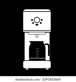 Vector de silueta plana de cafetera aislado sobre fondo negro. Icono de silueta de utensilios de cocina eléctrica. Icono blanco y negro para web, etiqueta, etiqueta. Aparatos de cocina, electrodomésticos, aparatos, cocina