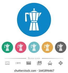 Coffee maker flat white icons on round color backgrounds. 6 bonus icons included.