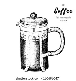 Coffee maker french press. Hand drawn sketch. Vintage vector illustration.