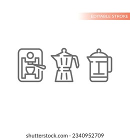 Coffee maker, french press line vector icons. Espresso machine and moka pot outline icon set.