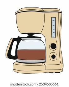 Una cafetera con una jarra de vidrio y un mango. La cafetera es de color beige y tiene un líquido marrón. Ilustración plana de Vector aislada sobre fondo blanco. 