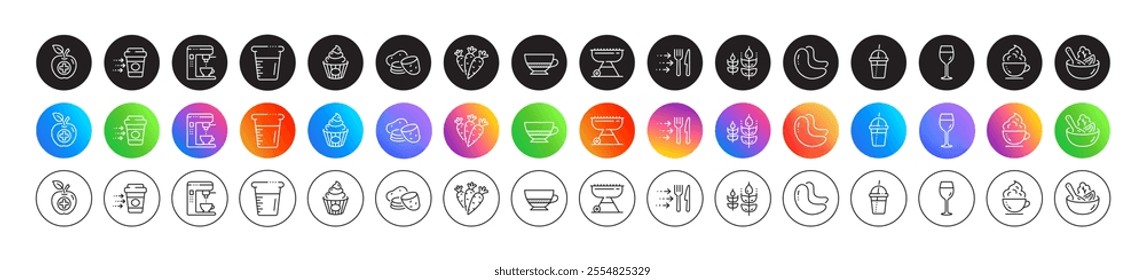 Coffee maker, Gluten free and Grill line icons. Round icon gradient buttons. Pack of Medical food, Food delivery, Coffee cocktail icon. Carrots, Cake, Wine glass pictogram. Vector