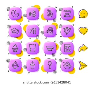 Coffee maker, Gluten free and Grill line icons. App 3d buttons. Social media comment, share, like icons. Pack of Medical food, Food delivery, Coffee cocktail icon. Vector