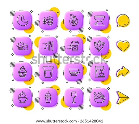 Coffee maker, Gluten free and Grill line icons. App 3d buttons. Social media comment, share, like icons. Pack of Medical food, Food delivery, Coffee cocktail icon. Vector