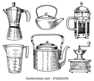 Coffee maker or grinder, french press, measuring capacity, Chinese teapot or kettle. Chef and kitchen utensils, cooking stuff for menu decoration. engraved hand drawn in old sketch, vintage style.