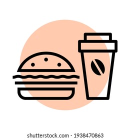 Coffee maker and hamburger. Icon on the theme of food and drink. Symbol cafe and diner. Vector isolated illustration