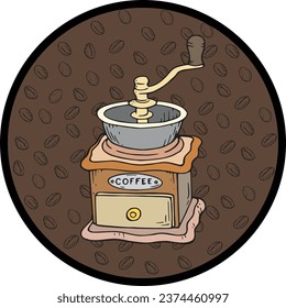 Coffee maker hand drawn colored outline object illustration drawing. Simple antique metal and wood machine for coffee handmaking pen drawn logo. Circular grinder sketch. Retro kitchen gadget art sign.