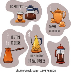 coffee maker hand drawn hot set with pots and mugs