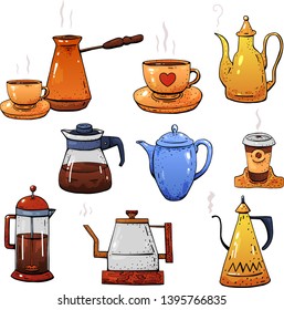 coffee maker hand drawn hot set with pots and mugs