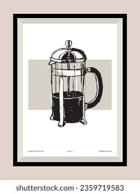 Coffee maker hand drawn illustration in a poster frame for wall art gallery