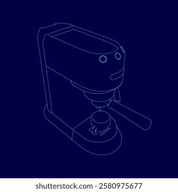 A coffee maker with a handle and a cup. The coffee maker is on a blue background