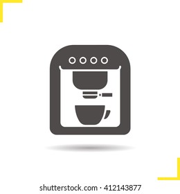 Coffee maker icon. Drop shadow silhouette symbol. Espresso machine with cup. Vector isolated illustration