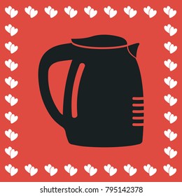 Coffee maker icon flat. Simple black pictogram on red background with white hearts for valentines day. Vector illustration symbol