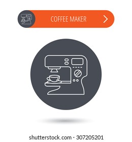 Coffee maker icon. Hot drink machine sign. Gray flat circle button. Orange button with arrow. Vector