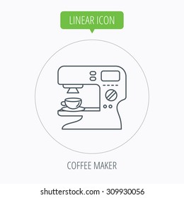 Coffee maker icon. Hot drink machine sign. Linear outline circle button. Vector