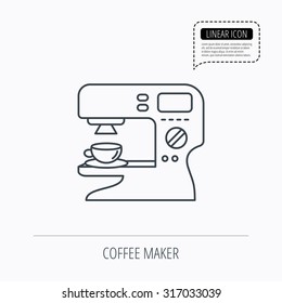 Coffee maker icon. Hot drink machine sign. Linear outline icon. Speech bubble of dotted line. Vector