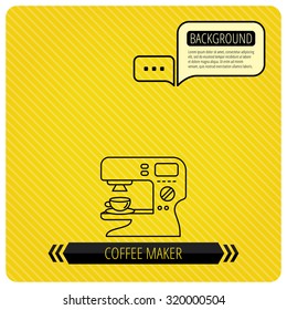 Coffee maker icon. Hot drink machine sign. Chat speech bubbles. Orange line background. Vector