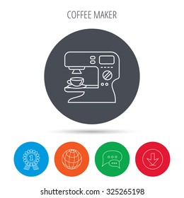 Coffee maker icon. Hot drink machine sign. Globe, download and speech bubble buttons. Winner award symbol. Vector