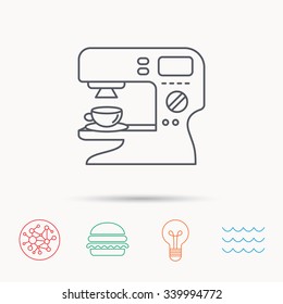 Coffee maker icon. Hot drink machine sign. Global connect network, ocean wave and burger icons. Lightbulb lamp symbol.