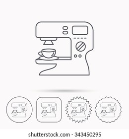 Coffee maker icon. Hot drink machine sign. Linear circle, square and star buttons with icons.