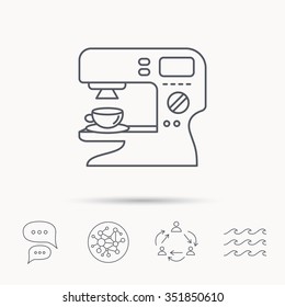 Coffee maker icon. Hot drink machine sign. Global connect network, ocean wave and chat dialog icons. Teamwork symbol.