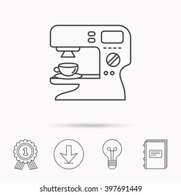 Coffee maker icon. Hot drink machine sign. Download arrow, lamp, learn book and award medal icons.