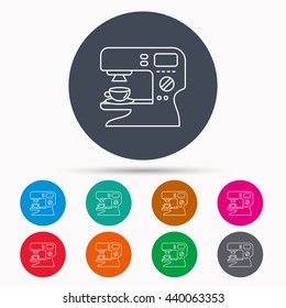 Coffee maker icon. Hot drink machine sign. Icons in colour circle buttons. Vector