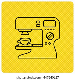 Coffee maker icon. Hot drink machine sign. Linear icon on orange background. Vector