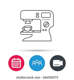 Coffee maker icon. Hot drink machine sign. Group of people, video cam and calendar icons. Vector