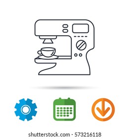 Coffee maker icon. Hot drink machine sign. Calendar, cogwheel and download arrow signs. Colored flat web icons. Vector