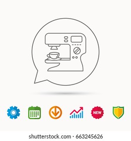 Coffee maker icon. Hot drink machine sign. Calendar, Graph chart and Cogwheel signs. Download and Shield web icons. Vector