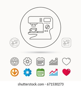 Coffee maker icon. Hot drink machine sign. Calendar, Graph chart and Cogwheel signs. Download and Heart love linear web icons. Vector