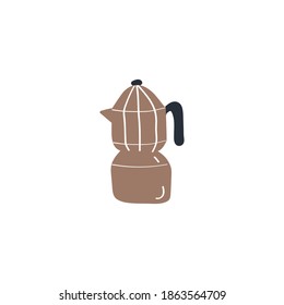 Coffee maker icon with italian pot. Moka pot. Geyser coffee maker. Doodle vector illustration