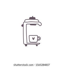 Coffee maker icon on isolated background. Can be used for coffee shop logo, for website design, business cards. Vector illustration. Hand drawing.