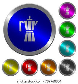 Coffee maker icons on round luminous coin-like color steel buttons