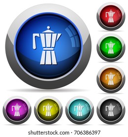 Coffee maker icons in round glossy buttons with steel frames
