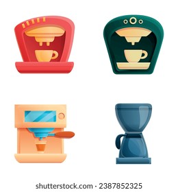 Coffee maker icons set cartoon vector. Coffee pot and espresso machine with cup. Morning drink
