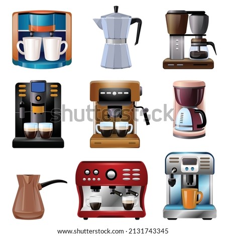 Coffee maker icons set cartoon vector. Coffee cup. Machine cup
