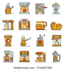 Coffee maker icons set. Outline set of coffee maker vector icons thin line color flat isolated on white