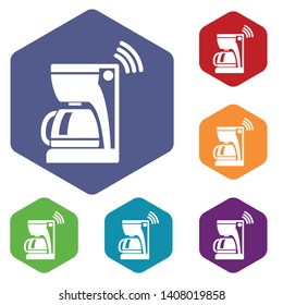 Coffee maker icons vector colorful hexahedron set collection isolated on white