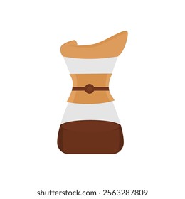 A coffee maker illustration featuring a glass top, wooden accents, and a dark brown base