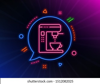 Coffee maker line icon. Neon laser lights. Vending machine sign. Make tea symbol. Glow laser speech bubble. Neon lights chat bubble. Banner badge with coffee maker icon. Vector